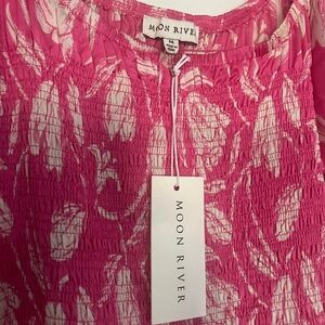 Moon River Pink and White Smocked Top